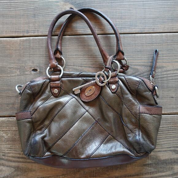 Vintage Fossil Handbag Leather Brown Patchwork Stitch Satchel Keyhole Boho 90s - Picture 2 of 15